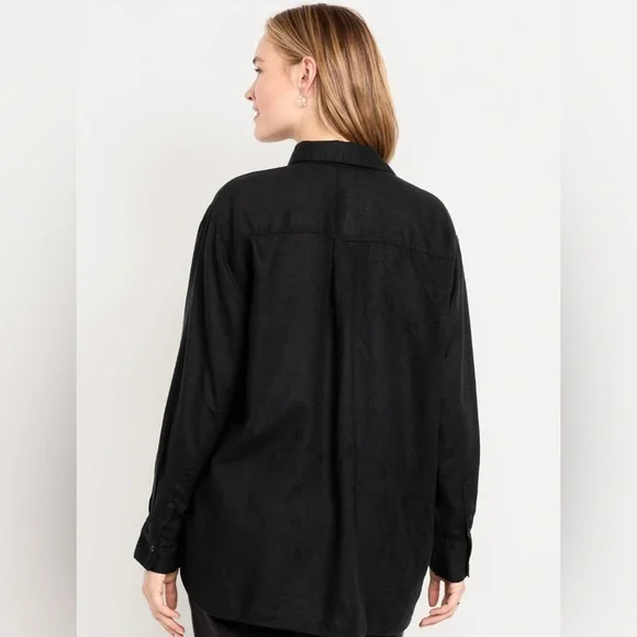🆕 Old Navy Women's Linen-Blend Loose Button-Down Shirt Black Jack L 12-14 - Picture 6 of 13